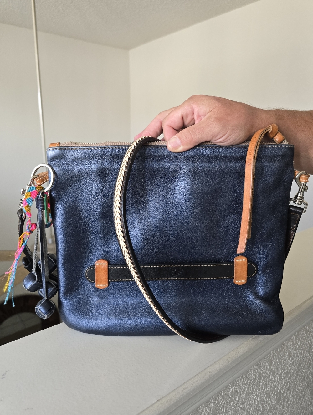 Consuela Blue Leather Crossbody Bag With Silvertone Hardware